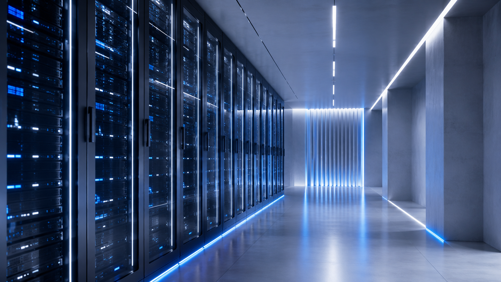 Centro de datos moderno con servidores e iluminación azul