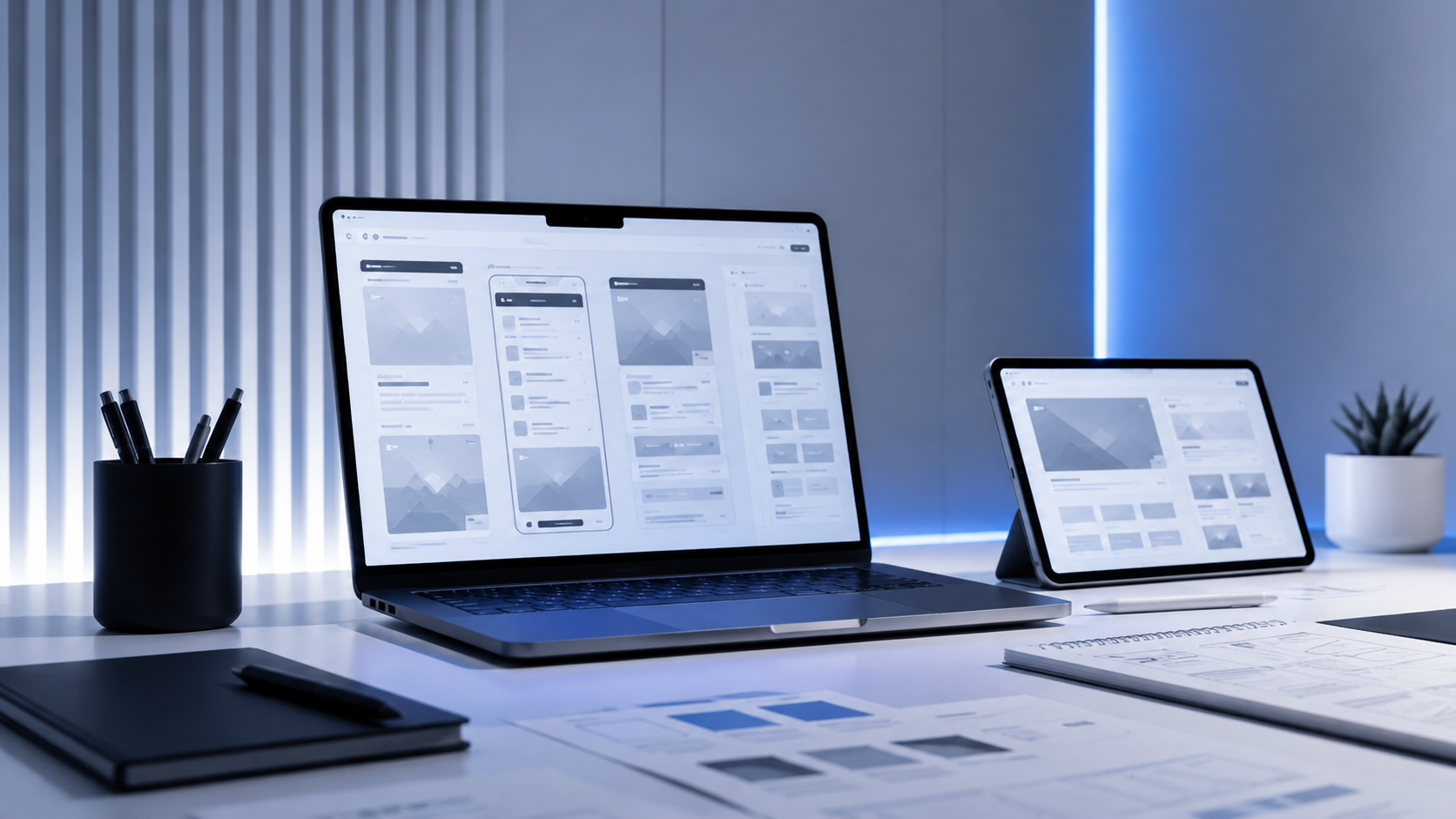 Diseño UX UI en pantallas y mesa de trabajo minimalista