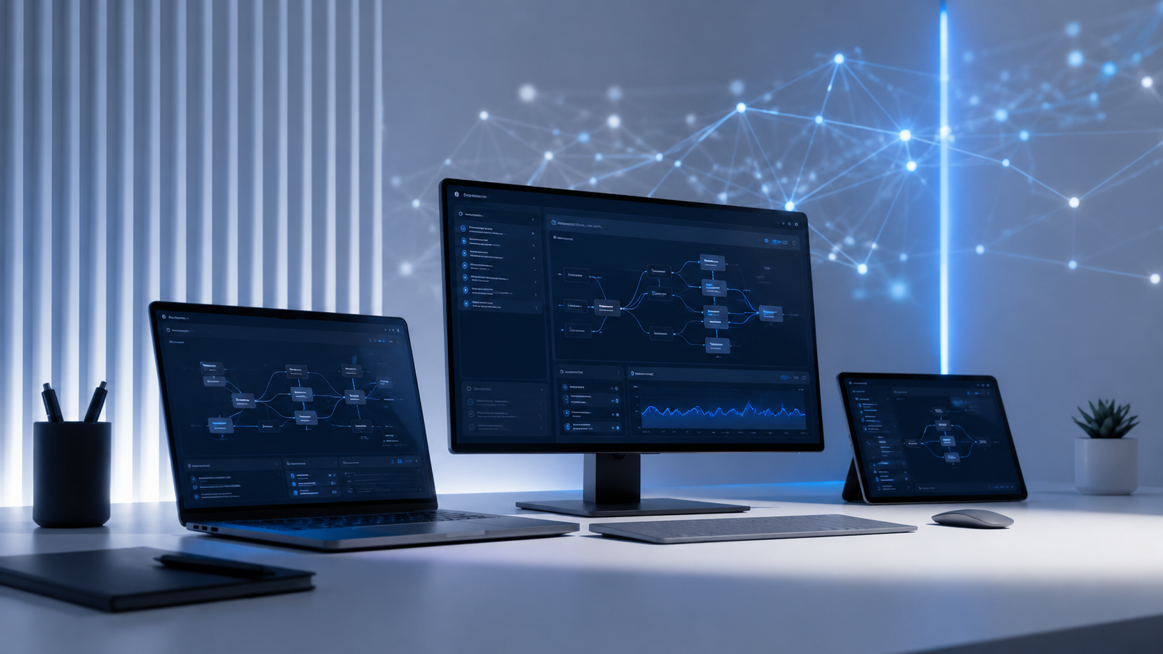 Estación tecnológica con visualización de automatización e inteligencia artificial